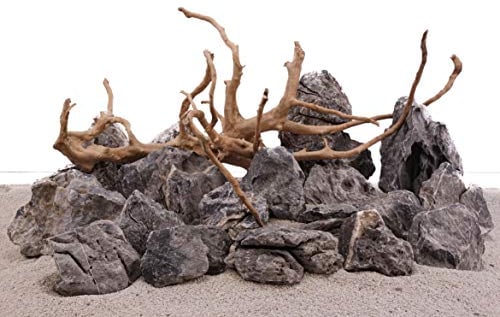 AquaOne Aquarium Steine Mini Landschaft Set mit Wurzel I Natursteine Seiryu 25kg Mix und Mookienwurzel XL I Aquascaping Gestein I Felsen Dekoration I Pagode Rückwand