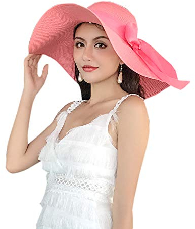 WSLCN Femme Chapeau de Soleil en Paille à Bord Large Capeline Pliable Plage Eté Anti-UV Décoration de Ruban Rose