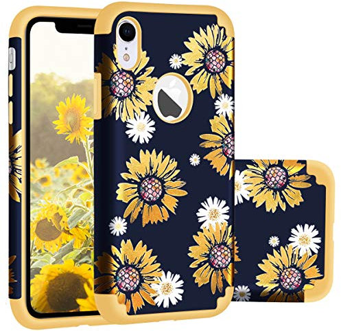 Fingic for iPhone XR Case,iPhone XR Case Sunflower Daisy Cute Design Dual Layer Slim Fit Hard PC Soft Silicone Bumper Hybrid Protection Shockproof Protective Cover Case for iPhone XR for Girls,Yellow