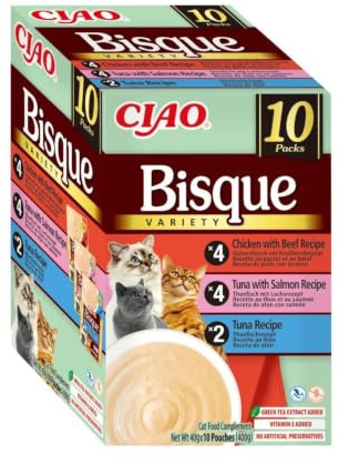 INABA Ciao Bisque, Multipack Huhn, Thunfisch, Rindfleisch und Lachs, 400 g | Dicht Creme im Bisque-Stil, Snacks, lecker, Topper und Beilage für Lebensmittel, Premium-Zutaten, wenige Kalorien