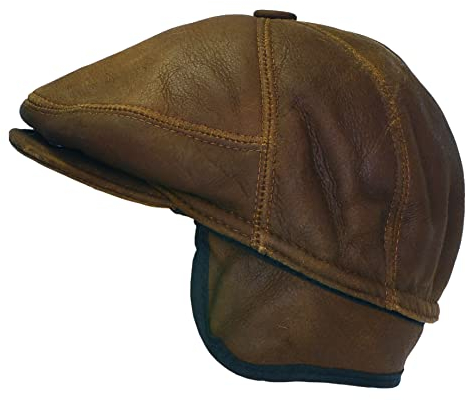 CUCUBA Coppola Cappello da Uomo in Pelle di Montone Shearling - Berretto con Visiera e Paraorecchie - Marrone (XL)