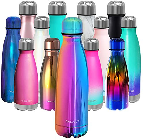 CHILLOUT LIFE Edelstahl-Wasserflasche: 480 ml, doppelwandig, isoliert, Cola-Flaschenform für kalte und warme Getränke, BPA-freie Metall-Sportflasche, spülmaschinenfeste Farbe