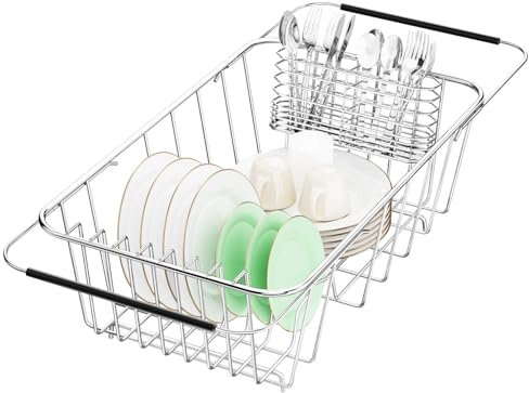 SwetLao Escurridor de platos en el fregadero ajustable, expandible, de acero inoxidable 304, organizador de secado de platos con soporte de utensilios de acero inoxidable sobre el interior del