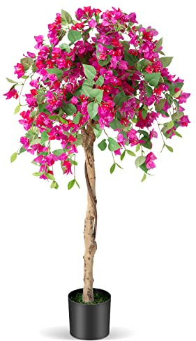 GOPLUS Árbol Artificial de Azalea de 135 cm de Alto, Planta en Maceta con 312 Flores, 624 Hojas, árbol Artificial con Maceta de Cemento, Planta Verde Decorativa Alta para Interior, Exterior, hogar