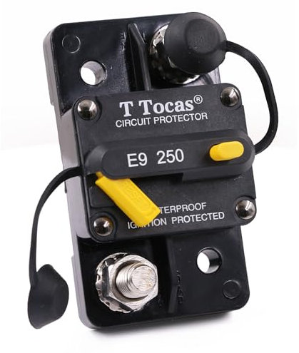 T Tocas Heavy Duty 250 Amp Leistungsschalter Manuelle Reset 12V - 48V DC, wasserdichte Schutzschalter Hi-Amp 250A Sicherungshalter für Solar Wohnmobil Marine Boot-Trolling Motor Anhänger KFZ Audio