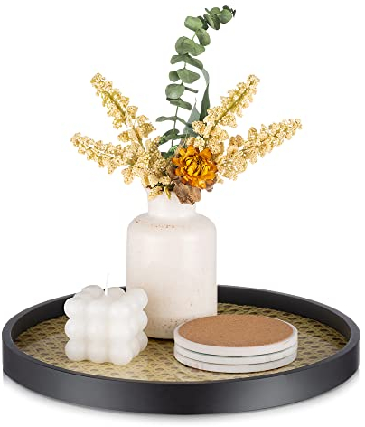 Hanobe Vassoio rotondo decorativo da caffè: vassoio decorativo in rattan con telaio in legno nero per riporre ed esporre vassoio da portata per bancone soggiorno comò trucchi