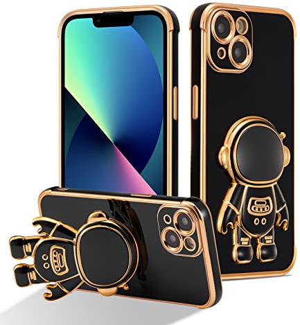 RALEAVO Compatible with iPhone 13 (6.1) Case with Cute Astronaut Kickstand Design Shockproof Plating Phone Case for iPhone 13-Black