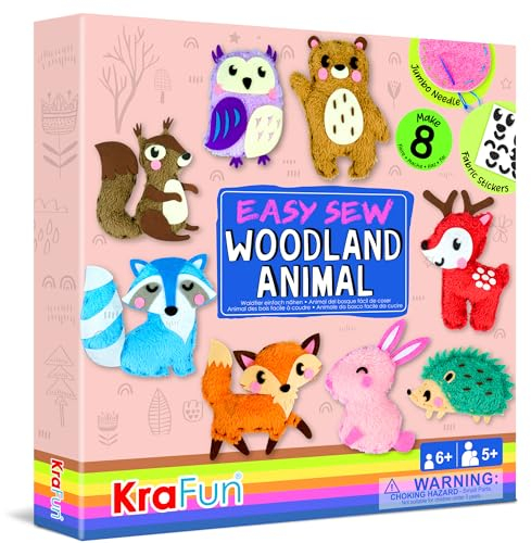 KRAFUN Easy Sew einfachen Nähen für Kunst- und Bastelanfänger für Kinder, 8 DIY-Projekte mit Stoffpuppen von Waldtieren, Bär, Hase, Fuchs, Eule, Anleitung und Filz, Geschenk für Mädchen, Jungen