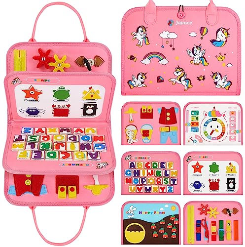 Japace Busy Board Montessori Spielzeug ab 1 2 Jahre, 24 in 1 Activity Board Baby Sensorisches Spielzeug,Motorikbrett Montessori Buch ab 1 Jahr,Lernspielzeug Kinderspielzeug für Jungen Mädchen (Rosa)