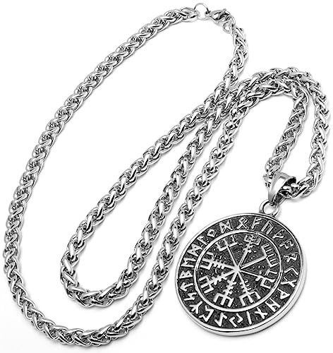 Schmuck-Checker Runen-Kompass Vegvisir mit Schutzrunen aus hochwertigem 316L Edelstahl silber gold mit Aegishjalmur auf Rückseite nordische Wikingerschmuck Halskette (Silber)