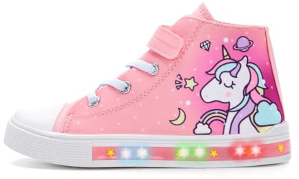 EUXTERPA Kids Toddler Sneakers Light Up Flashing Shoes Girls Easy Fasten High Top Walking Canvas Sneaker, Pink Unicorn, Toddler Size 9