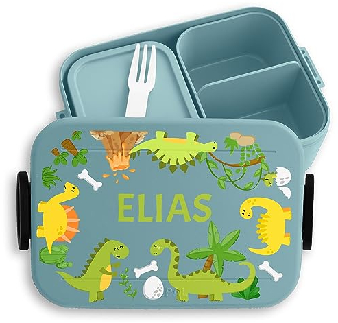 Kinder Bento Box Midi für Mepal Bentobox - Brotbox Dinosaurier Lunchbox Dino Vesperbox Dinosaurus I - 900 ml - Hellblau - brotdose name kinderbrotdosen kindergarten t-rex vulkan