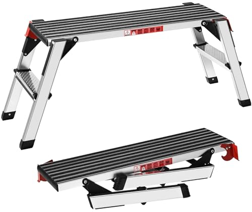 XinSunho Alu Arbeitsplattform, Klappbare Stufenleiter bis 150 kg, Klappleiter mit Sicherheitsschlössern, rutschfeste Trittfläche, Trittleiter, Pro Work Plattform Leiter für Haus & Werkstatt