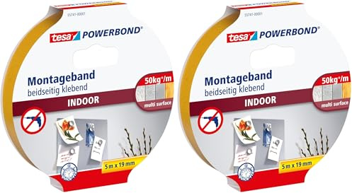 Tesa Powerbond INDOOR - Nastro di montaggio biadesivo per interni - adesivo forte su entrambi i lati, per un montaggio permanente - 5 m (Confezione da 2)