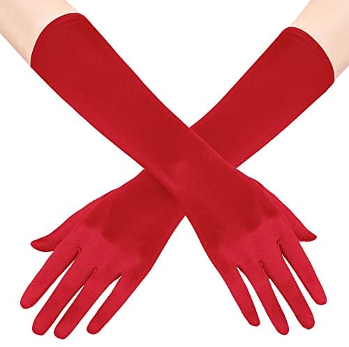 7STYLES® Women's Long Satin Evening Gloves Stretchy 1920s Opera Evening Party Long Mittens Sexy Dance Wedding Prom Gloves (Red)