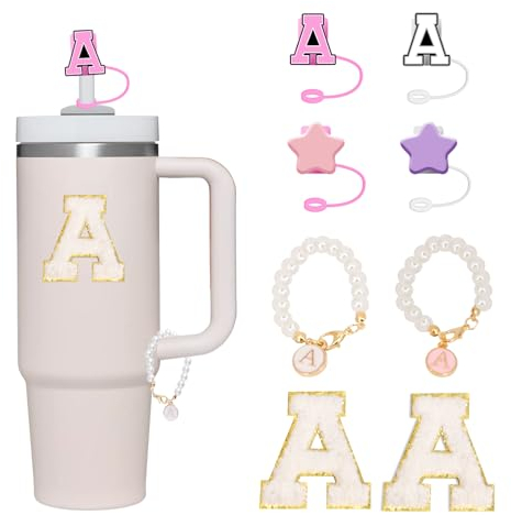 Letter Stanley Straw Cover 2Pcs Dustproof 10mm Straw Cover for Stanley Cup Accessories Include 2pcs Personalized Name ID A-Z Pearl Hangings Letter Stickers(A