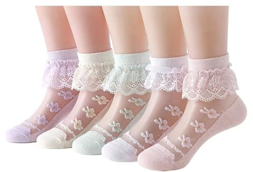 IYOU Bambina Volant Calzini Bianco Fiore Occhiello Balze Calzini Sottile Estate Trasparente Pizzo Calze per Bambini Piccoli Neonati(5 Paia)