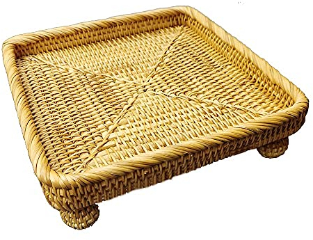 Cesta de ratán de 9 pulgadas, cuenco cuadrado tejido con soporte lateral y pedestal de 1 pulgada, bandejas planas decorativas de mimbre para pan, frutas, llaves, caramelos, plato rústico, elevador de
