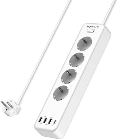 POWSAF 4-Fach Steckdosenleiste mit 4 USB-Anschlüssen, Max. 4000W und 16A, Mit USB-C-Steckdose, Wandmontage, Schalter, für Smartphones, Laptops, Weiß