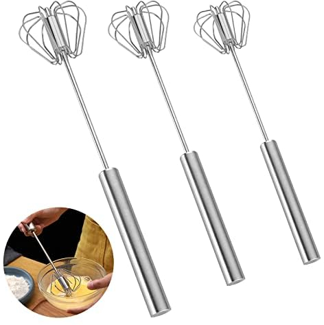 3 Pièces Fouet Semi-Automatique, Batteur à Oeufs en Acier Inoxydable Fouet Manuel de Cuisine Fouet à Pousser Mélangeur Rotatif Fouet à Oeufs pour la Cuisson, Mélange, l'Agitation, Argent