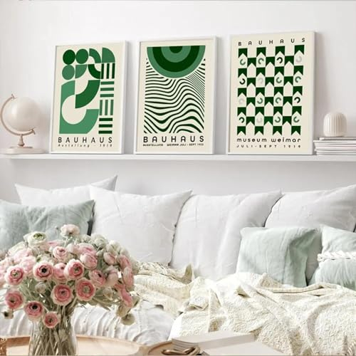 KemneT Moderne minimalistische Wand Bilder Bauhaus grünes geometrisches Leinwandgemälde Mitte des Jahrhunderts neutrales Poster Kunstdruck Bild Wohnzimmer Heimdekoration 50 x 70 cm x 3 ungerahmt