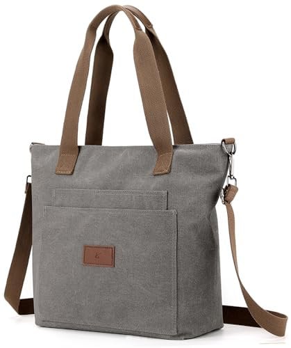 zhongningyifeng Damen Canvas Tote A4 Handtasche mit Reißverschluss Umhängetasche für Einkaufen Reisen Arbeit (grey)