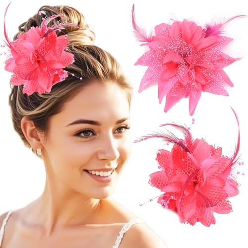 2Pcs Flower Feather Fascinators, Rose Hair Clip Large Feather Flower Hair Accessory for Women Girls Party Wedding (Rose Red)