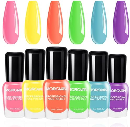 Morovan Nail Polish Set Fingernail: Neon Quick Dry 6 Bright Colors Rainbow Nail Polish Kit Regular Finger Nail Polish Pack Summer 0.25oz Glossy Nail Polish Gifts for Women