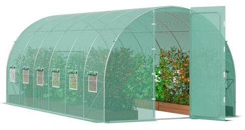 VEVOR Serre Tunnel Jardin, 590x295x225 cm, Tente Abri Plantes avec Cadre en Acier Galvanisé, Couverture en PE Verte, Porte Battante, 12 Fenêtres Enroulables, pour Extérieur Cultiver Légumes Fleurs