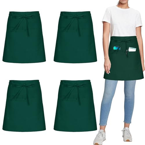 umboom 4 Piezas Delantal de Camarero Verde, Corto Cocina Delantales con 3 Bolsillos para Mujer Hombre Chef, Mandil para Restaurante Peluqueria Jardinería Cafetería Bar (Polialgodón - Verde)