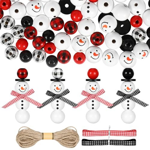 PHOGARY 70 Stück Weihnachten Holzperlen mit Gesicht, 20mm Schneemann Holzperlen mit Hanfseil Schal für Schneemann Bastelset Weihnachten, Weihnachtsbaumschmuck, DIY-weihnachten Basteln kinder