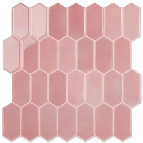 WalDecoo Carreaux Hexagonaux Longs À Décoller Et Coller Pour Cuisine, 10 Feuilles De Carreaux Muraux Auto-adhésifs 3D, Autocollants Pour Carrelage Rose Pour Cuisine Et Salle De Bain 30,5x30,5 cm