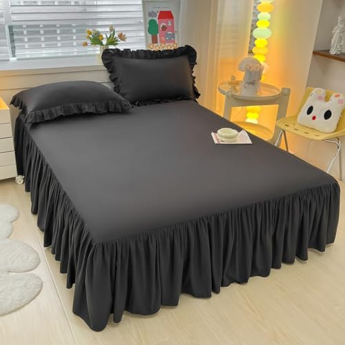 Highdi Betthusse Bettrock Bettvolant, Elastische Bettwäsche mit Rüschen Rüschen Bettwäsche mit Plattform, Bed Skirt Bettrock Umwickeln mit Elastischem Gürtel (150x200cm,Schwarz)