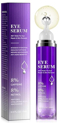 Augenserum Gegen Dunkle Augenringe und Schwellungen und Schwellungen mit 8% Koffein 8% Retinol Hyaluronsäure Niacinamid, Augenserum Gegen Falten, Feine Linien und Geschwollene Augen, 15ml