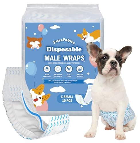 FuzzFables Dog Diapers Male 40 Count, Disposable Male Dog Wraps with Wetness Indicator, Wider Belly Bands for Puppy, Absorbent and Leakproof, Excitable Urination Incontinence Protection XS