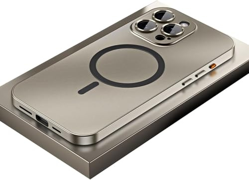 Generisch Fully Wrapped Mobile Phone Case Magnetic Charging Alumianum Metal Bumper Matte Shell for iPhone 17/16/15/14/13/12, Alloy Magnetic Slim Case Camera Lens Protect (16pro max,Titanium Gold)
