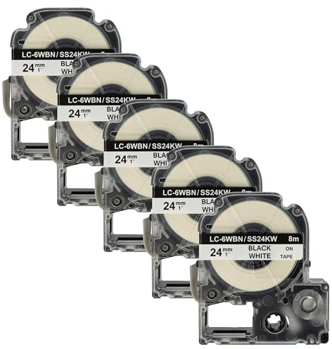 vhbw 5x Schriftband-Kassette Ersatz für Epson LC-6WBN für Etiketten-Drucker 8m x 24mm Schwarz auf Weiß
