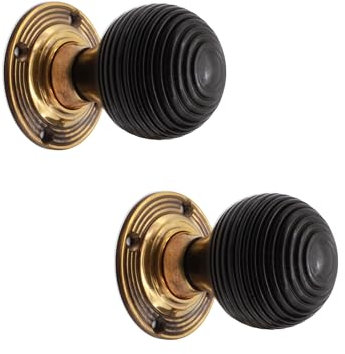 Infinity Decor Pair of Ebonised Wooden Beehive Mortice Rim Door Knobs Set 55mm Aged Brass Rose Handles – Suitable for Interior & Exterior Doors