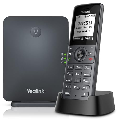 Yealink Bluetooth, Wi-FI 10 comptes SIP Haute Performance 35 Heures de Temps de Conversation Dect Téléphone IP, Taille d'écran 1,8, Noir