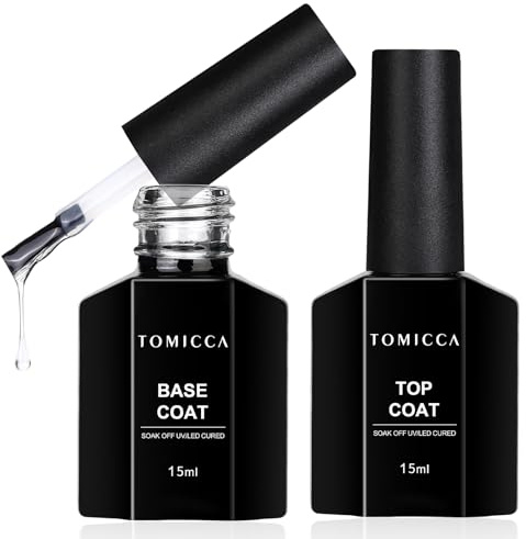 TOMICCA Base Coat Top Coat UV Nagellack Set, 2 * 15ML | No Wipe Top Coat Gel, Hochglanz-Finish Unterlack & Überlack Soak-Off UV/LED Gel Nagellack für Nail Art Nageldesign