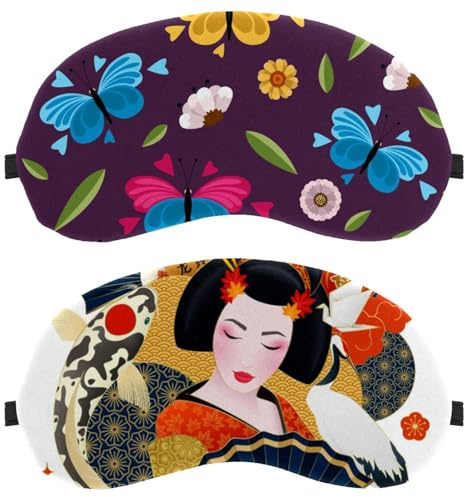 Eslifey Lot de 2 masques de sommeil pour les yeux, motif carpes japonaises colorées, motif chat porte-bonheur pour homme et femme, voyage en avion