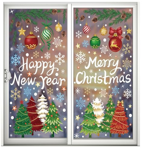 Andiker Lot de 6 feuilles d'autocollants pour fenêtre de Noël en PVC amovibles, réutilisables - Décoration de fenêtre de Noël colorée (Happy New Year, 6)