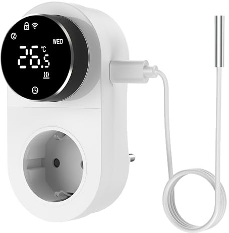 Yasorn 2.4G WiFi Thermostat Steckdose 240V 16A Knopf & LED Digitaler Temperaturregler, Smart Socket mit Sensor, Sprachsteuerung, Heiz-/Kühlmodus für Gewächshaus/Brutkasten/Fischglas