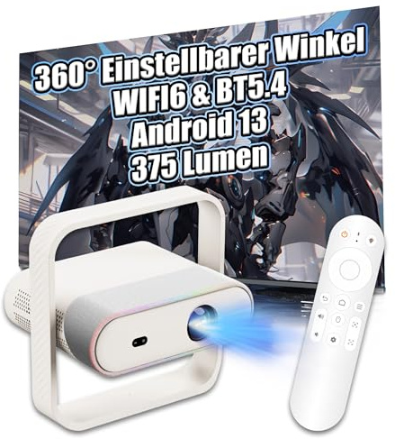 NSL03 WLAN Bluetooth Lautsprecher Smart Projektor, 950S Chip Videoprojektor mit 375 Lumen, 1080P, Android 13.0 Wireless Projektor für Schlafzimmer, Heimkino, Draußen, 360° Verstellbarer Winkel (Weiß)