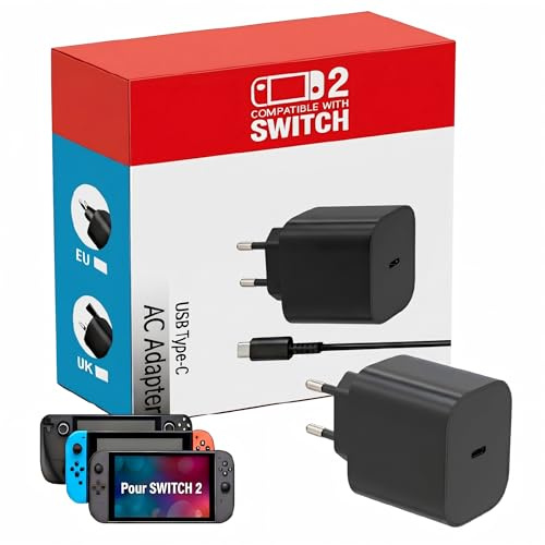 Chargeur Switch 2, 60W Chargeur pour Nintendo Switch 2 avec Mode TV 4K | Adaptateur Secteur Chargeur Nintendo Switch 2 avec Câble USB-C 1,8 m,Adapté à Toutes Versions/OLED/Lite/PS5/Steam Deck