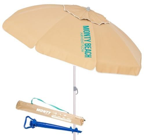 MONTY Sombrilla playa con soporte arena, beige, aluminio ligero y resistente, poliéster 160gr con revestimiento plateado UPF+50, techo antiviento, varillas fibra vidrio, mástil inclinable