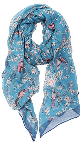 DiaryLook Women Lightweight Scarf Blue Neck Scarves Gifts for Ladies Bird Long Floral Design Shawl Wrap, Blue Bird
