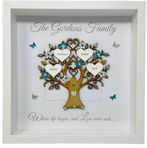 Personalised Family Tree 3D Box Picture Frame Teal & Silver Glitter or 12 Colours To Choose - Contemporary