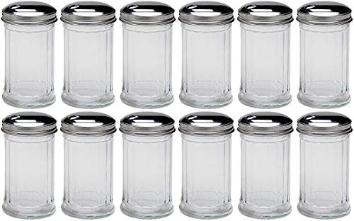 Update International Retro Style Sugar Dispenser/Pourer/Shaker, Glass Jar, Stainless Steel Pour-Flap Lid, 12 oz, Set of 12