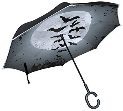 Mnsruu Umgekehrter Regenschirm, Fledermaus-Muster, doppellagig, faltbar, winddicht, Anti-UV, winddicht, Reiseschirm für Damen und Herren